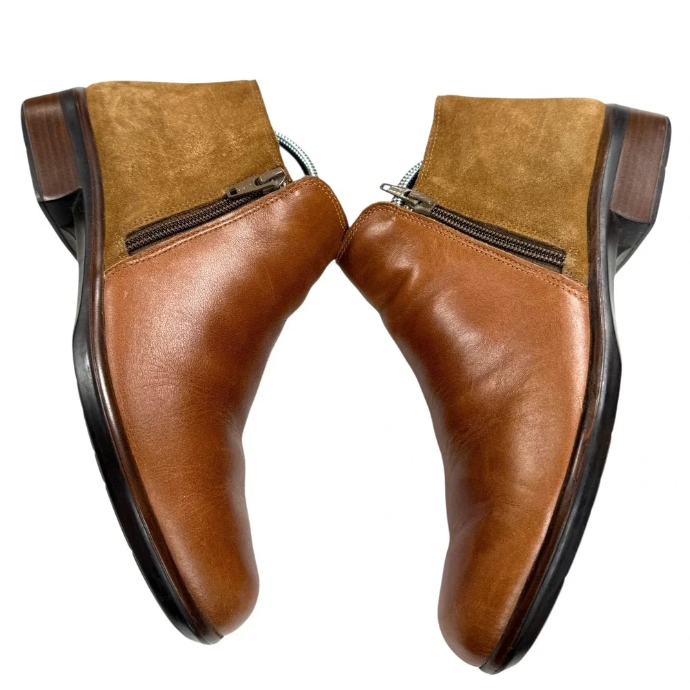 NAOT‎ Women's Tan Leather Suede Side Zip Ankle Boots Booties Block Heel